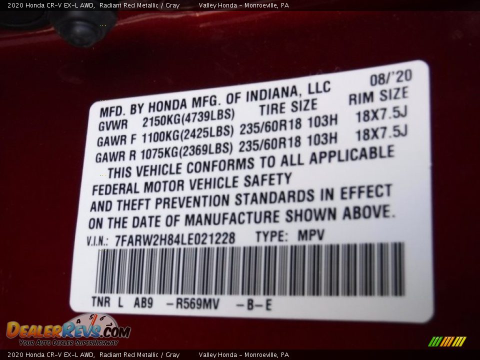2020 Honda CR-V EX-L AWD Radiant Red Metallic / Gray Photo #34
