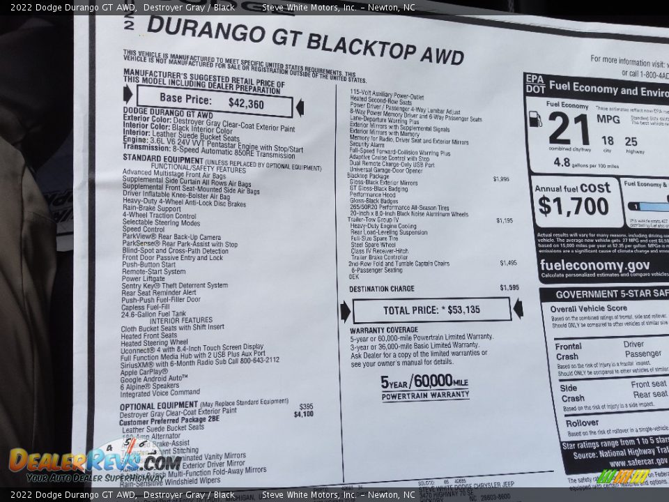 2022 Dodge Durango GT AWD Window Sticker Photo #32