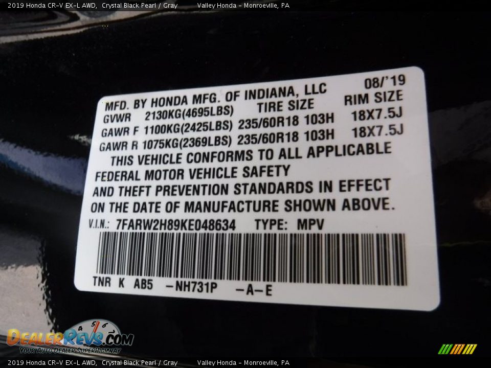 2019 Honda CR-V EX-L AWD Crystal Black Pearl / Gray Photo #29