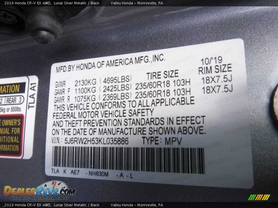 2019 Honda CR-V EX AWD Lunar Silver Metallic / Black Photo #32