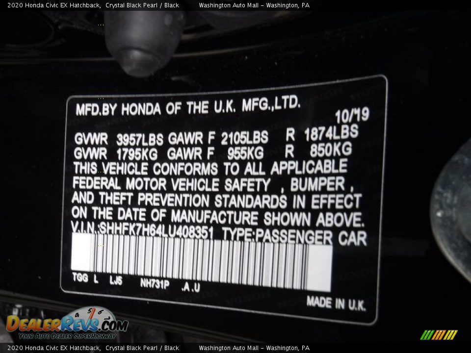 2020 Honda Civic EX Hatchback Crystal Black Pearl / Black Photo #32