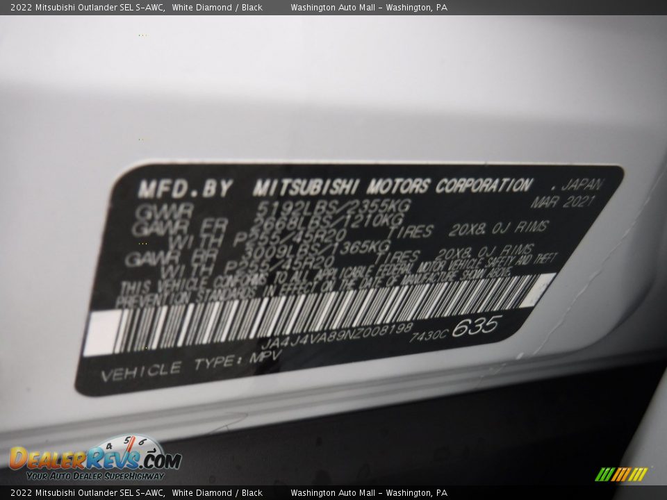 2022 Mitsubishi Outlander SEL S-AWC White Diamond / Black Photo #35
