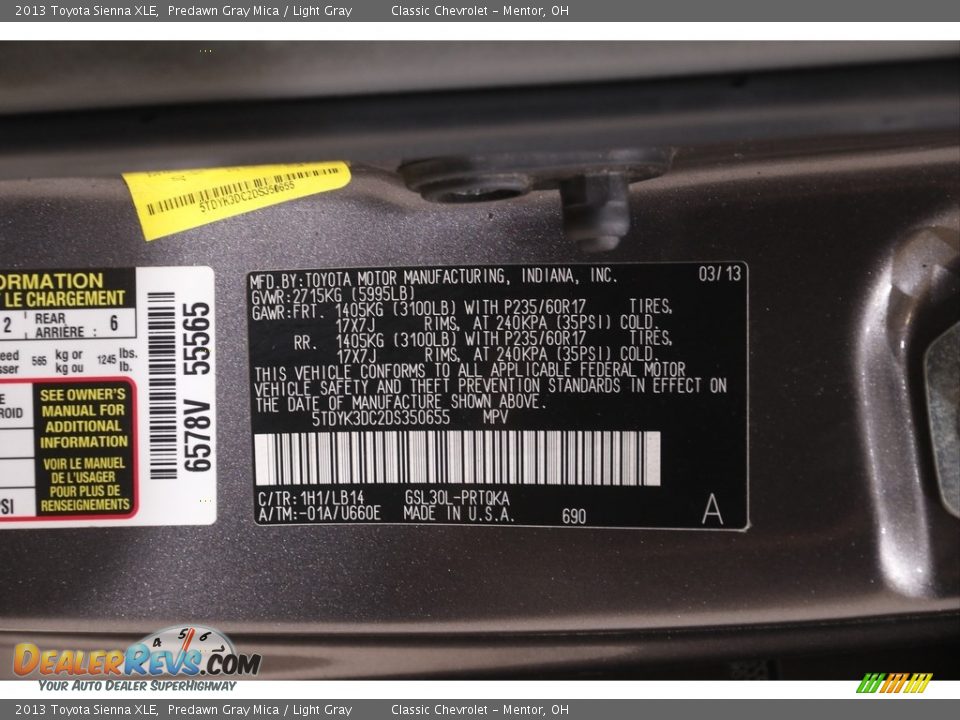 2013 Toyota Sienna XLE Predawn Gray Mica / Light Gray Photo #21