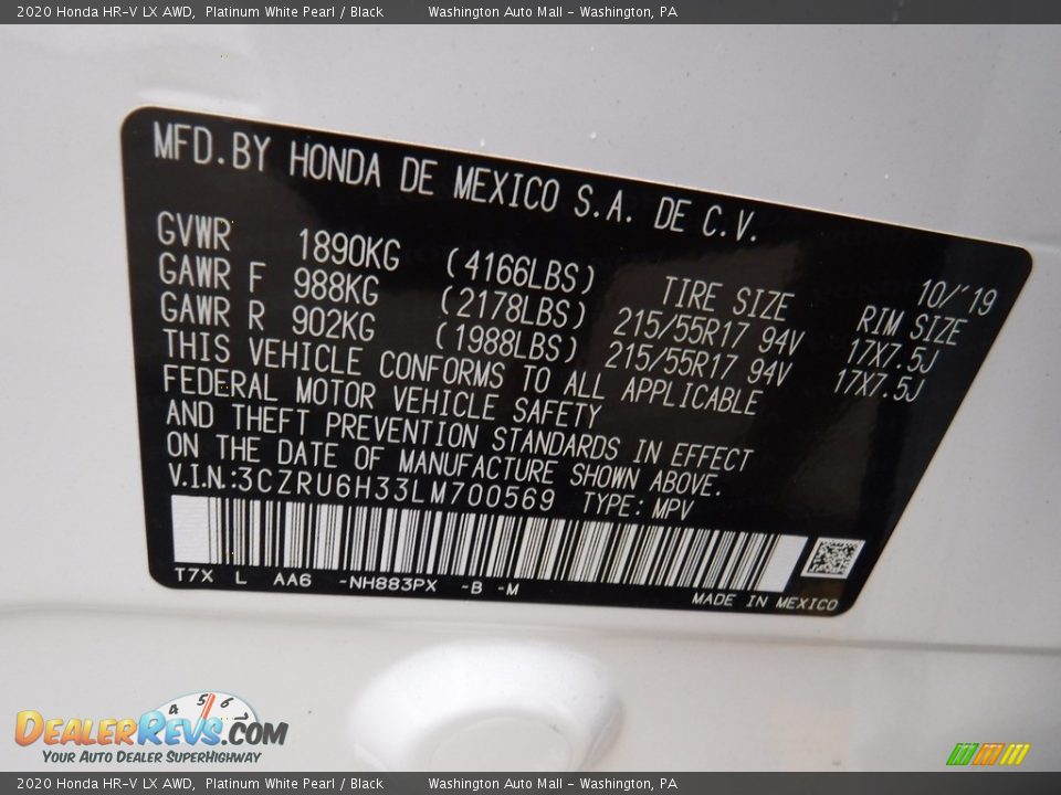 2020 Honda HR-V LX AWD Platinum White Pearl / Black Photo #29