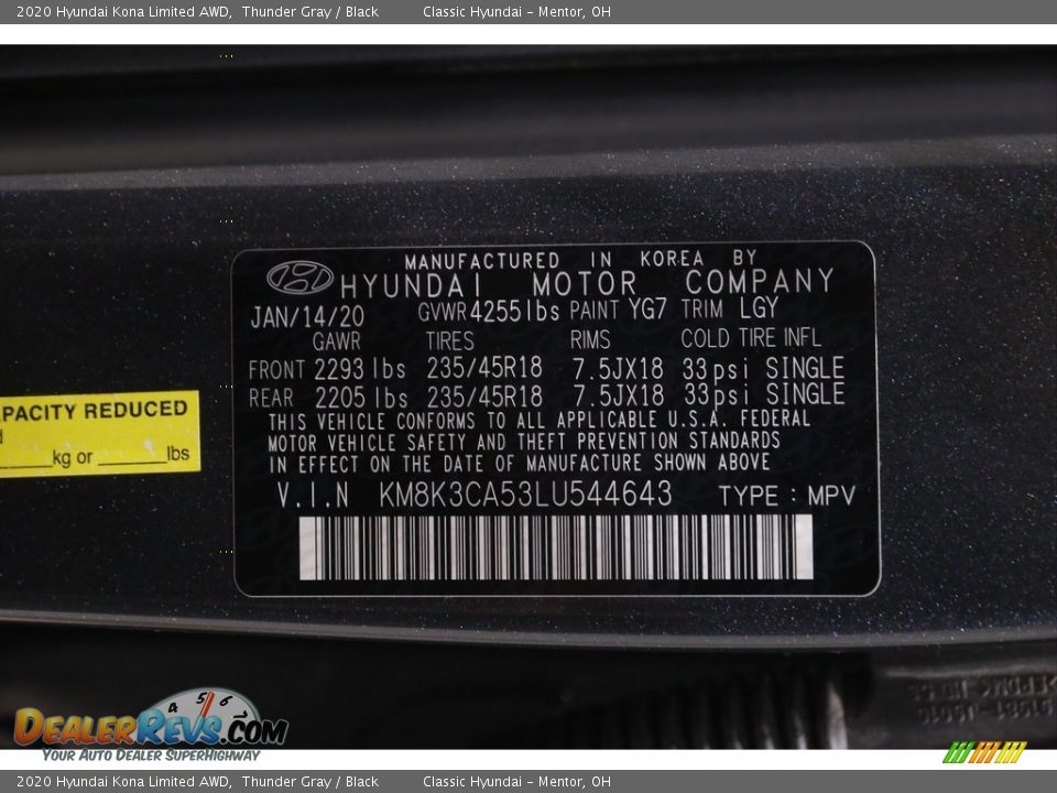 2020 Hyundai Kona Limited AWD Thunder Gray / Black Photo #22