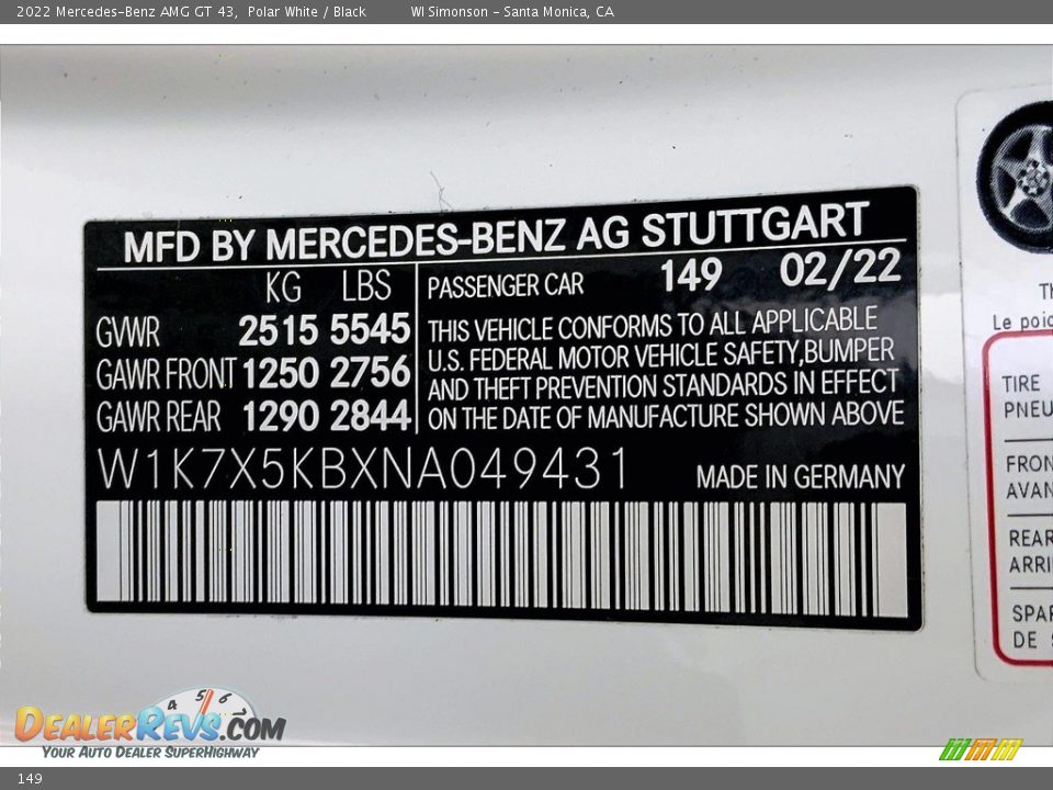 Mercedes-Benz Color Code 149 Polar White