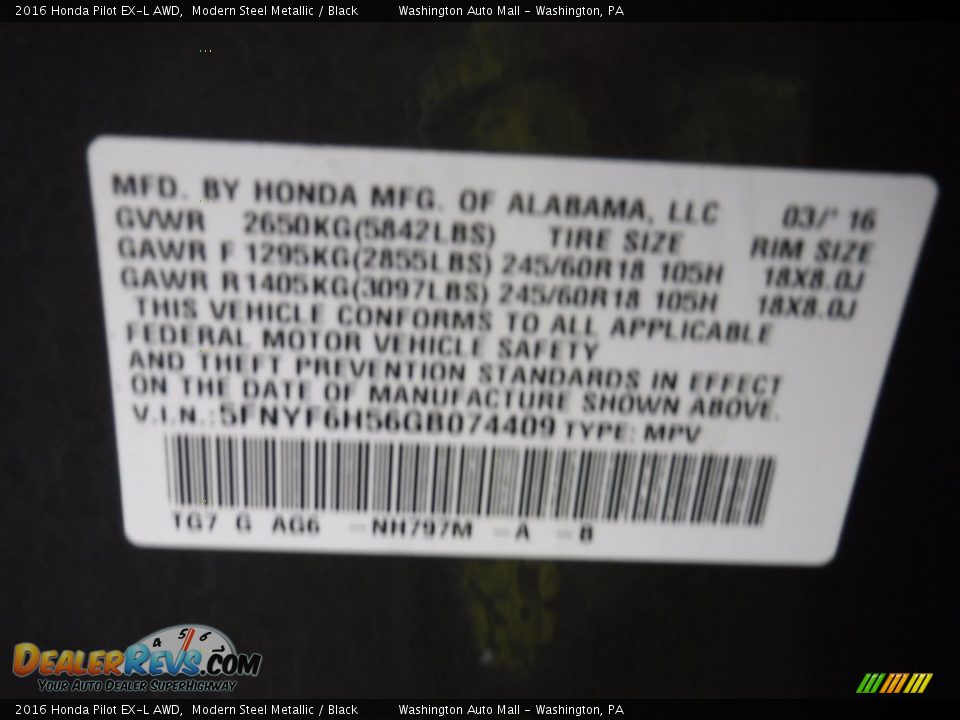 2016 Honda Pilot EX-L AWD Modern Steel Metallic / Black Photo #32