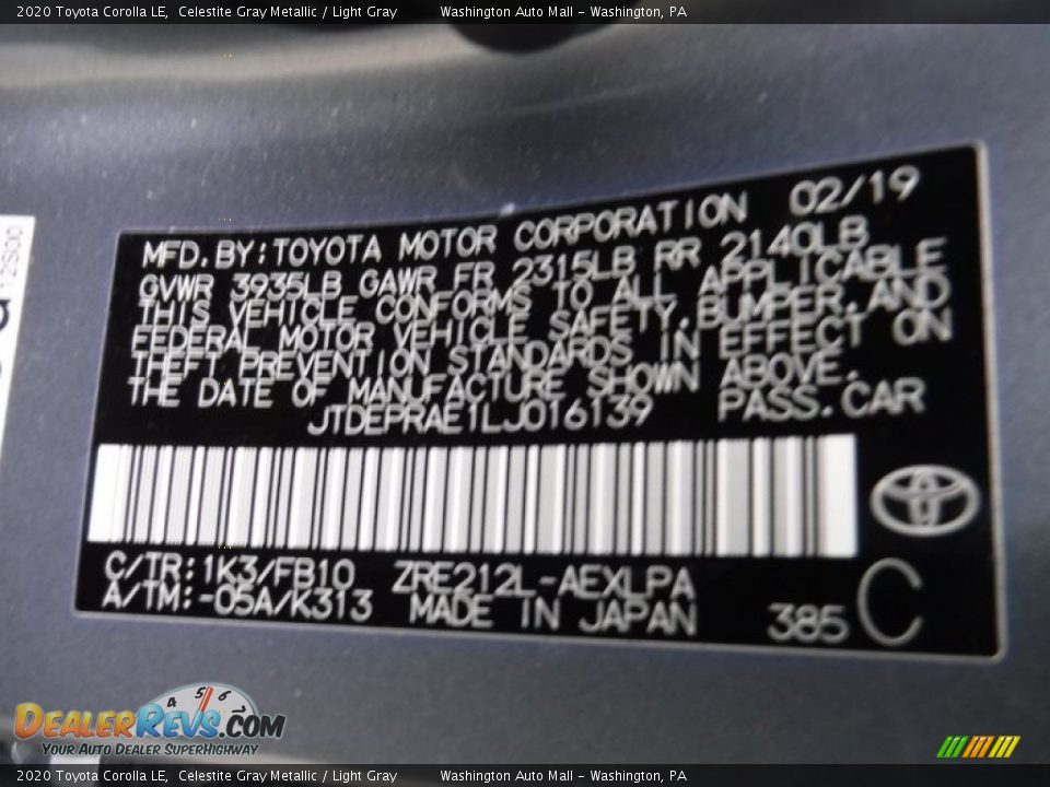 2020 Toyota Corolla LE Celestite Gray Metallic / Light Gray Photo #29