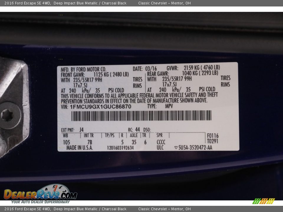 2016 Ford Escape SE 4WD Deep Impact Blue Metallic / Charcoal Black Photo #23