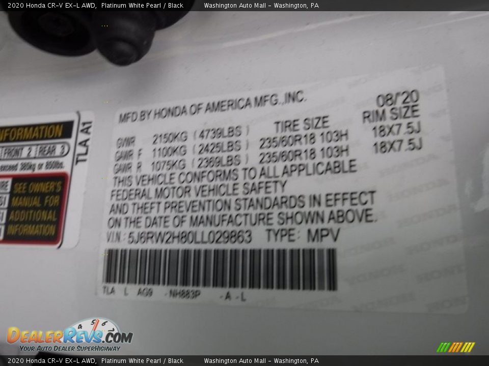 2020 Honda CR-V EX-L AWD Platinum White Pearl / Black Photo #32