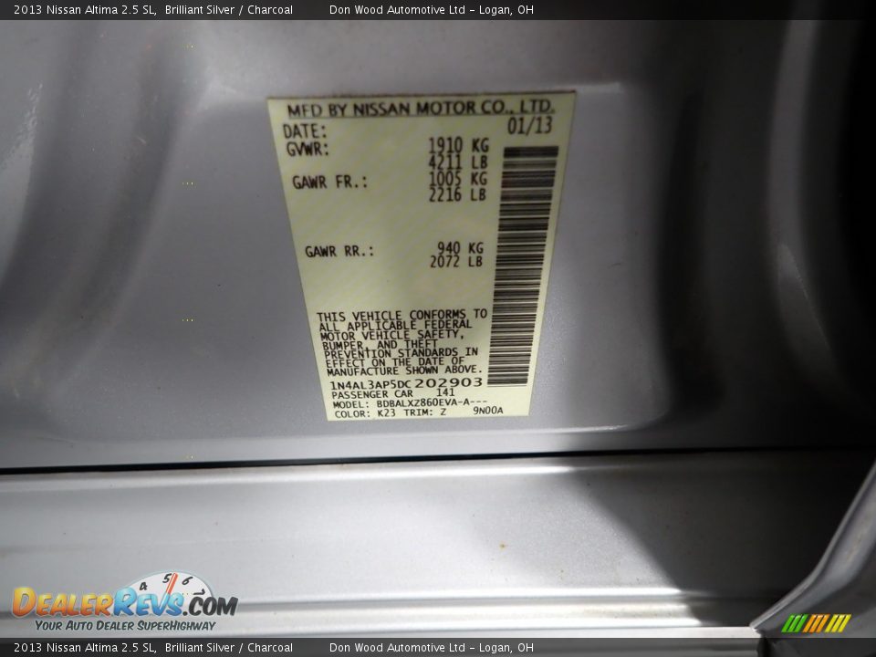 2013 Nissan Altima 2.5 SL Brilliant Silver / Charcoal Photo #32