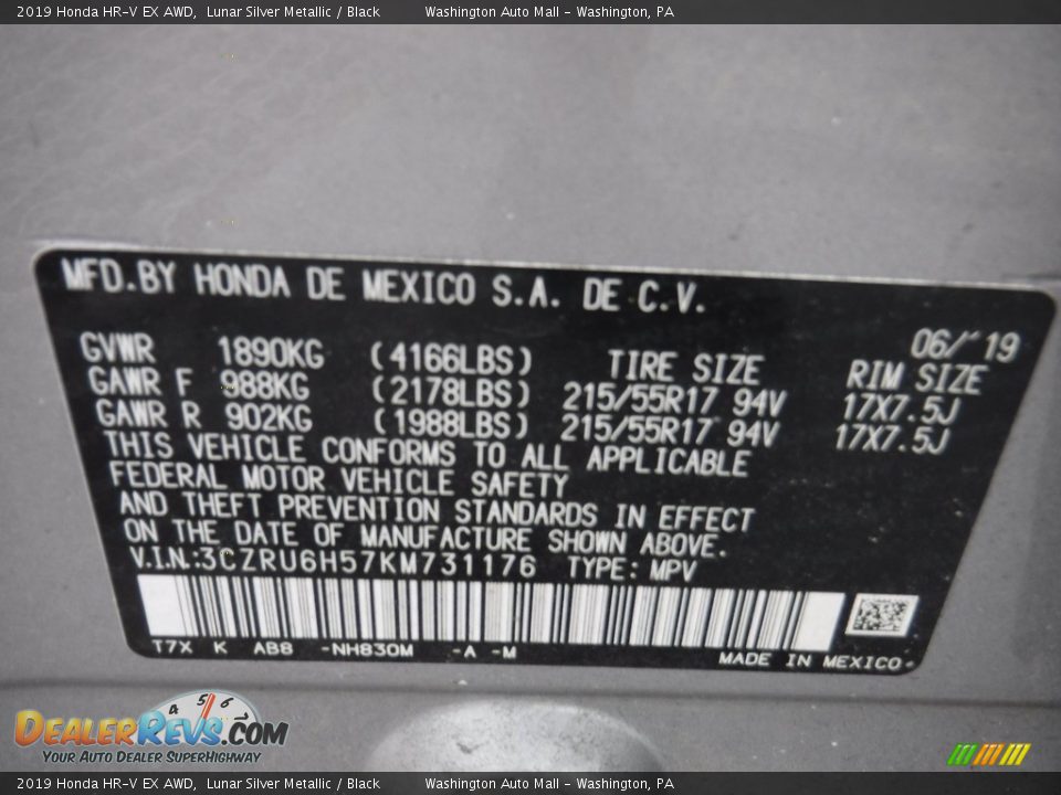 2019 Honda HR-V EX AWD Lunar Silver Metallic / Black Photo #28