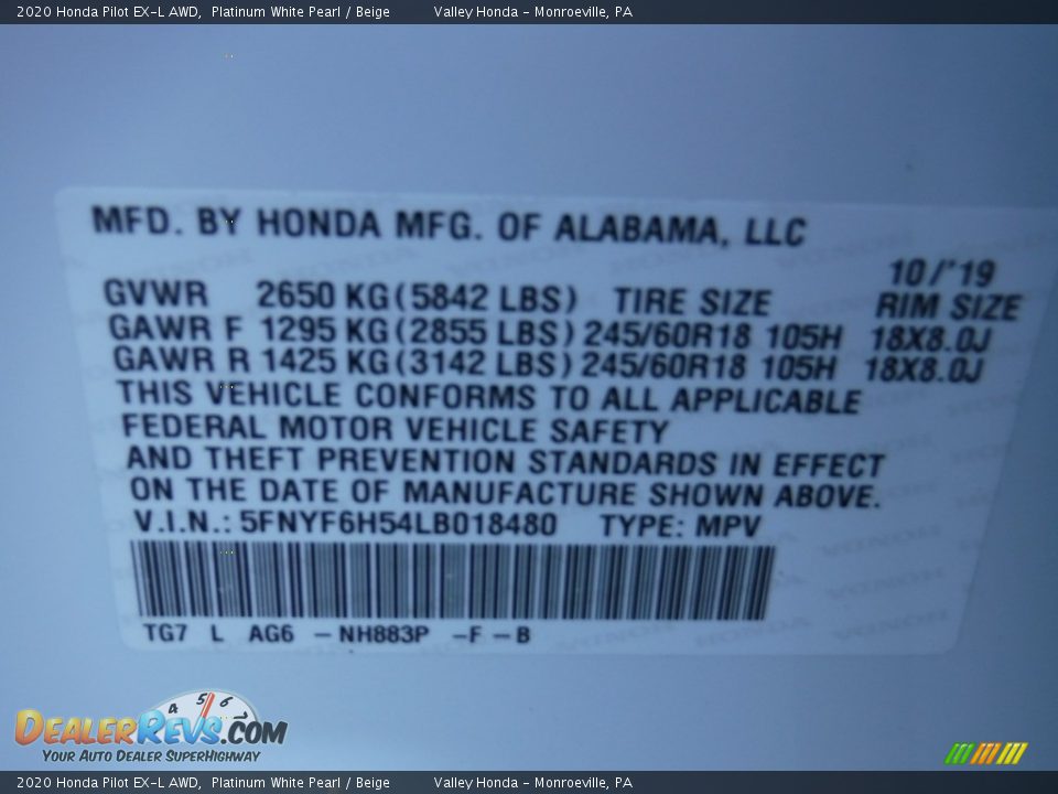 2020 Honda Pilot EX-L AWD Platinum White Pearl / Beige Photo #36