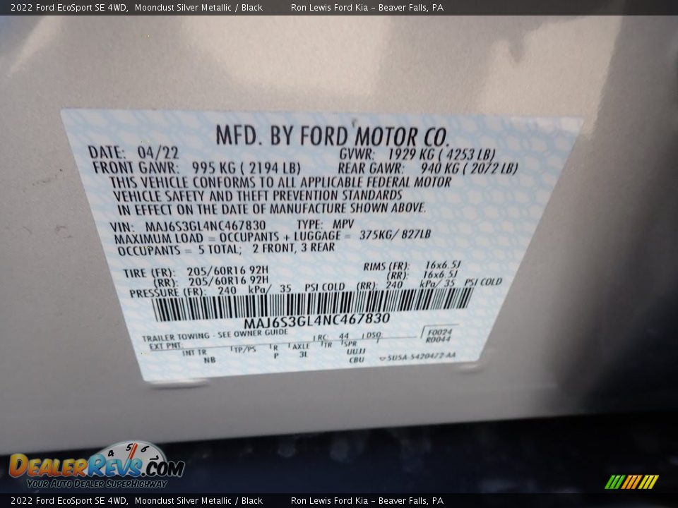 2022 Ford EcoSport SE 4WD Moondust Silver Metallic / Black Photo #20