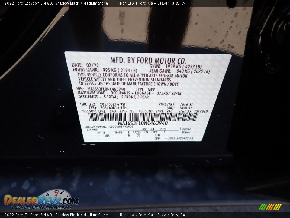 2022 Ford EcoSport S 4WD Shadow Black / Medium Stone Photo #20