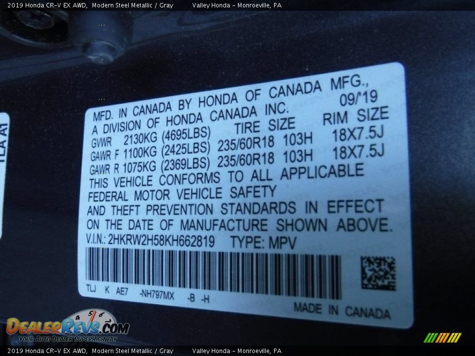 2019 Honda CR-V EX AWD Modern Steel Metallic / Gray Photo #31