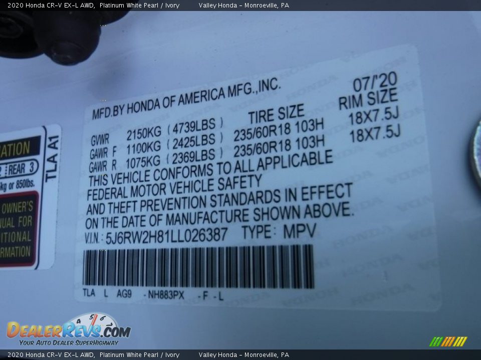 2020 Honda CR-V EX-L AWD Platinum White Pearl / Ivory Photo #34