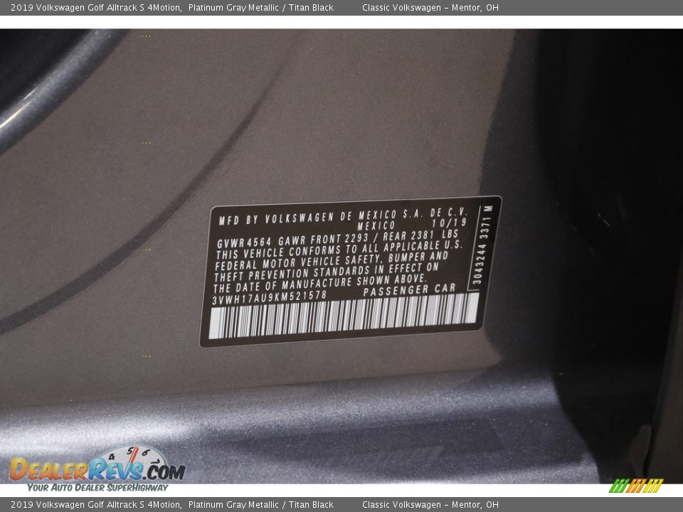 2019 Volkswagen Golf Alltrack S 4Motion Platinum Gray Metallic / Titan Black Photo #21