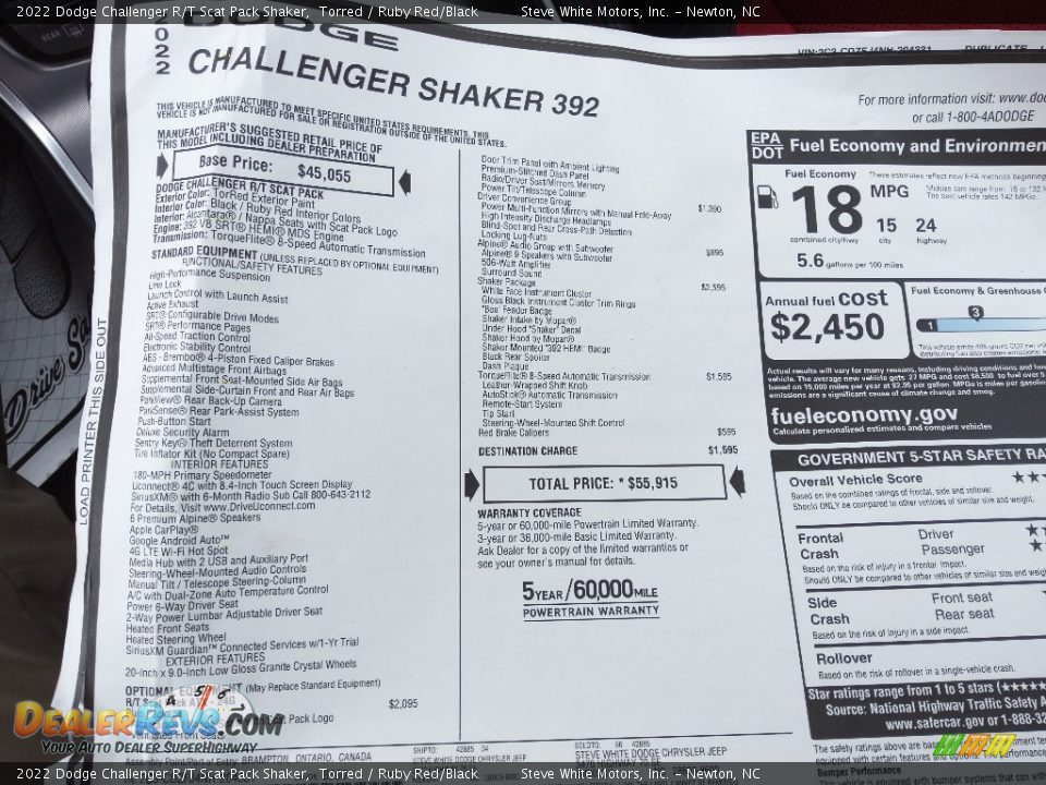 2022 Dodge Challenger R/T Scat Pack Shaker Window Sticker Photo #26