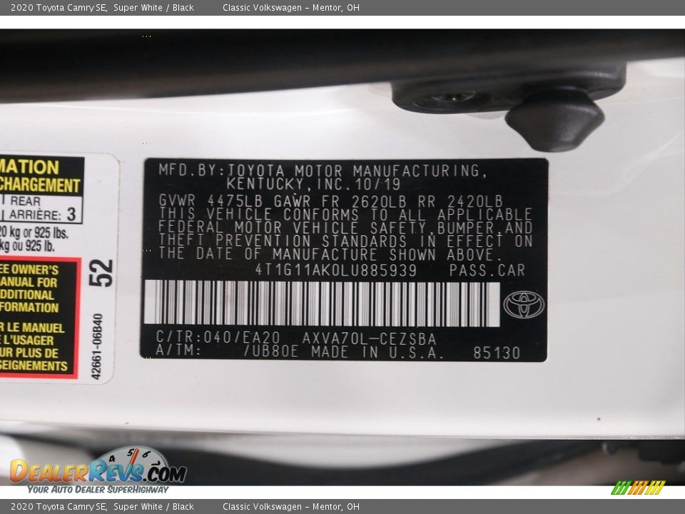 2020 Toyota Camry SE Super White / Black Photo #19
