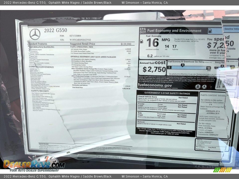 2022 Mercedes-Benz G 550 Window Sticker Photo #13