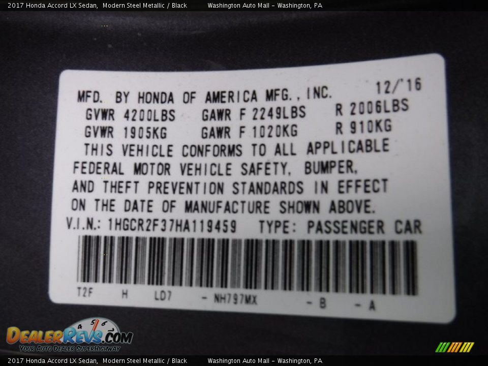 2017 Honda Accord LX Sedan Modern Steel Metallic / Black Photo #26