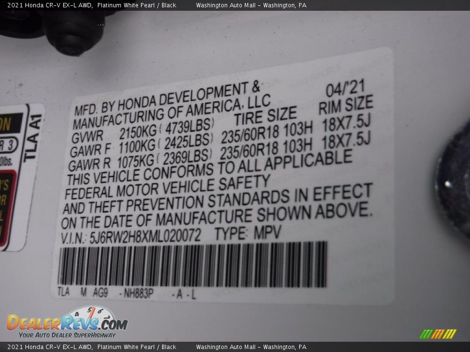 2021 Honda CR-V EX-L AWD Platinum White Pearl / Black Photo #34