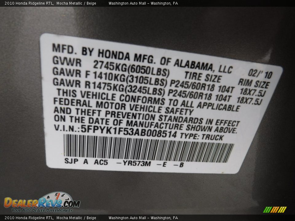 2010 Honda Ridgeline RTL Mocha Metallic / Beige Photo #34