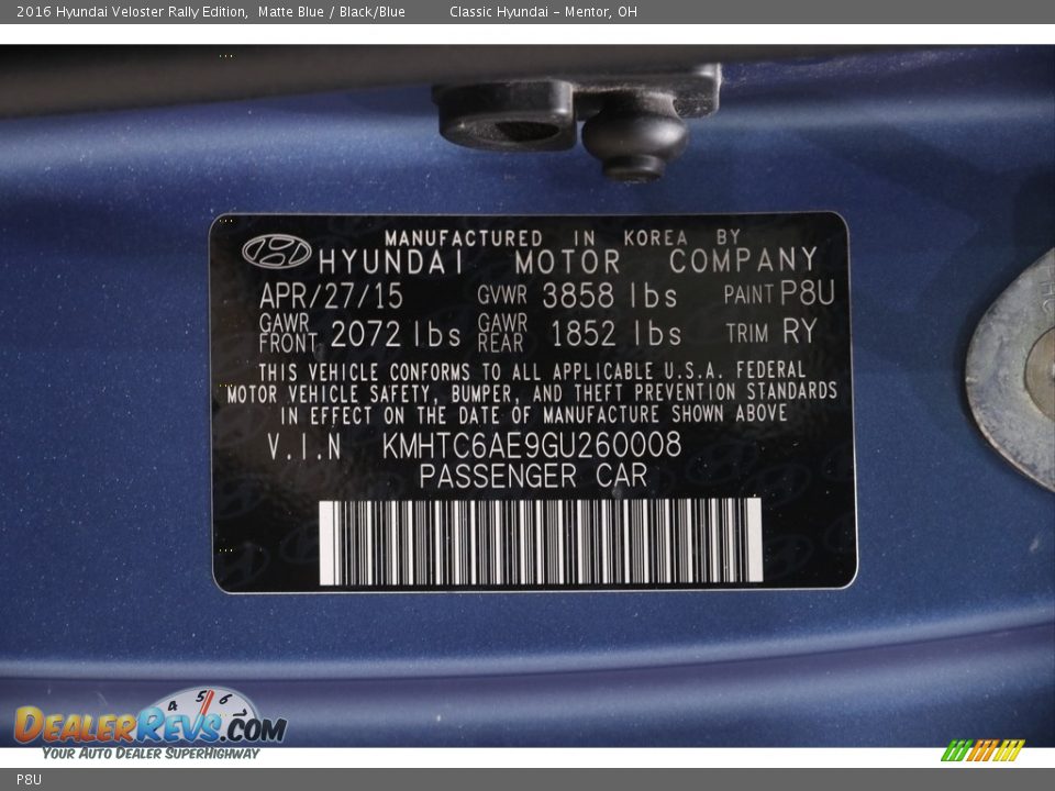 Hyundai Color Code P8U Matte Blue