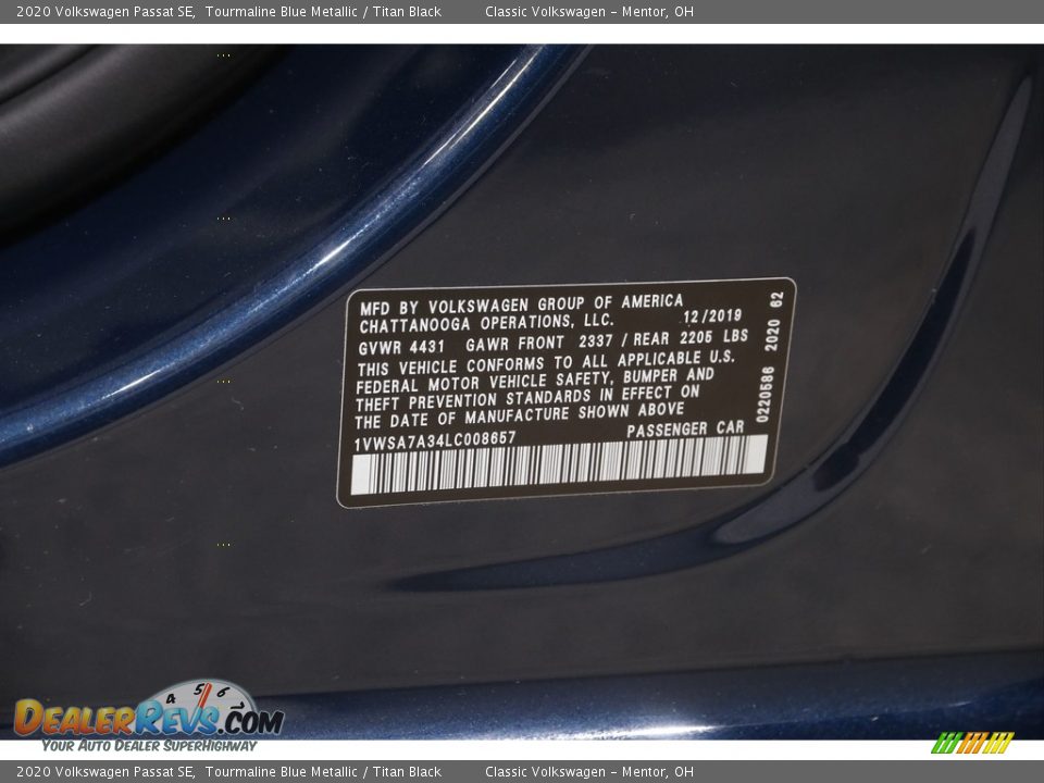 2020 Volkswagen Passat SE Tourmaline Blue Metallic / Titan Black Photo #20