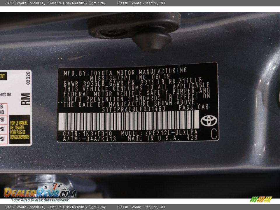 2020 Toyota Corolla LE Celestite Gray Metallic / Light Gray Photo #19