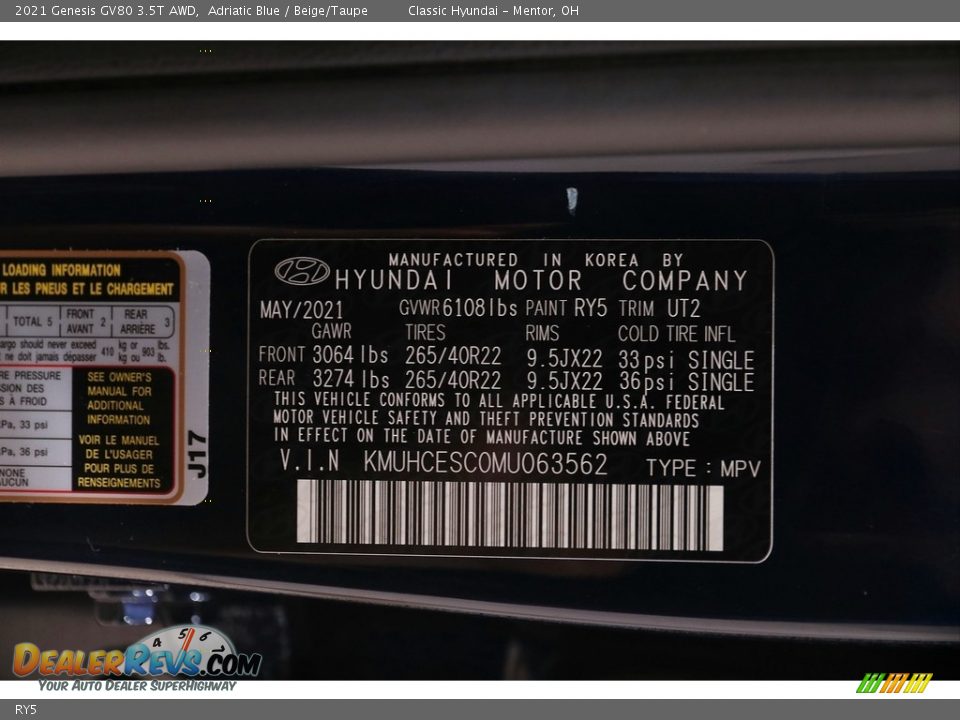 Genesis Color Code RY5 Adriatic Blue