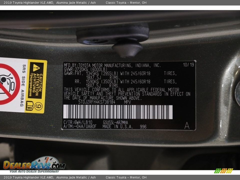 2019 Toyota Highlander XLE AWD Alumina Jade Metallic / Ash Photo #23