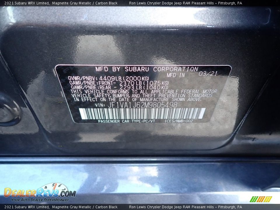 2021 Subaru WRX Limited Magnetite Gray Metallic / Carbon Black Photo #15