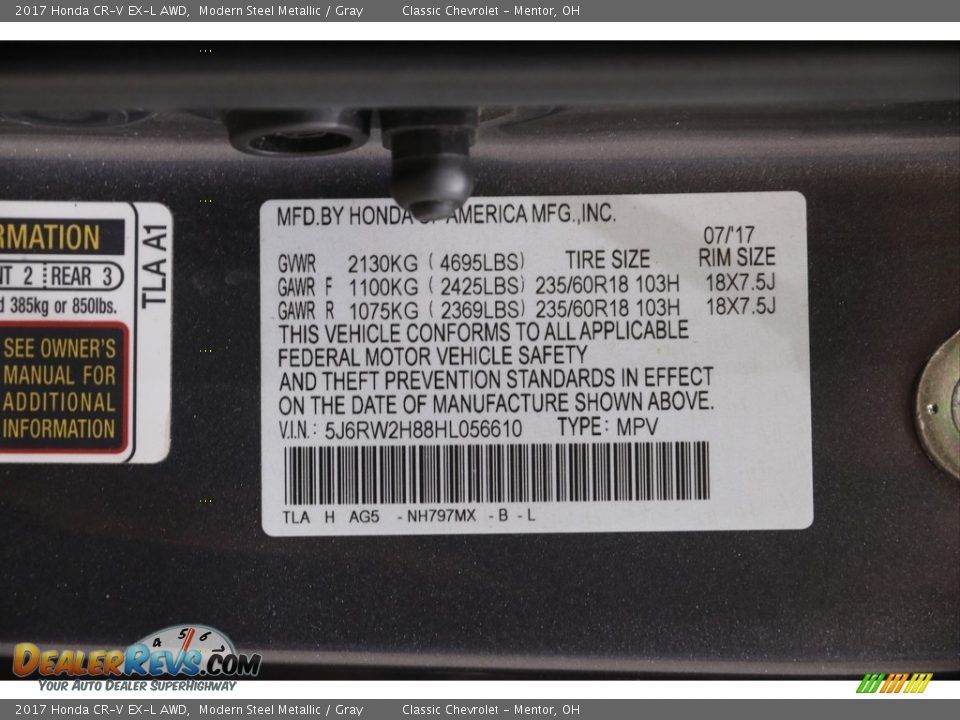 2017 Honda CR-V EX-L AWD Modern Steel Metallic / Gray Photo #22