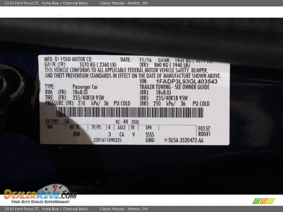 2016 Ford Focus ST Kona Blue / Charcoal Black Photo #22