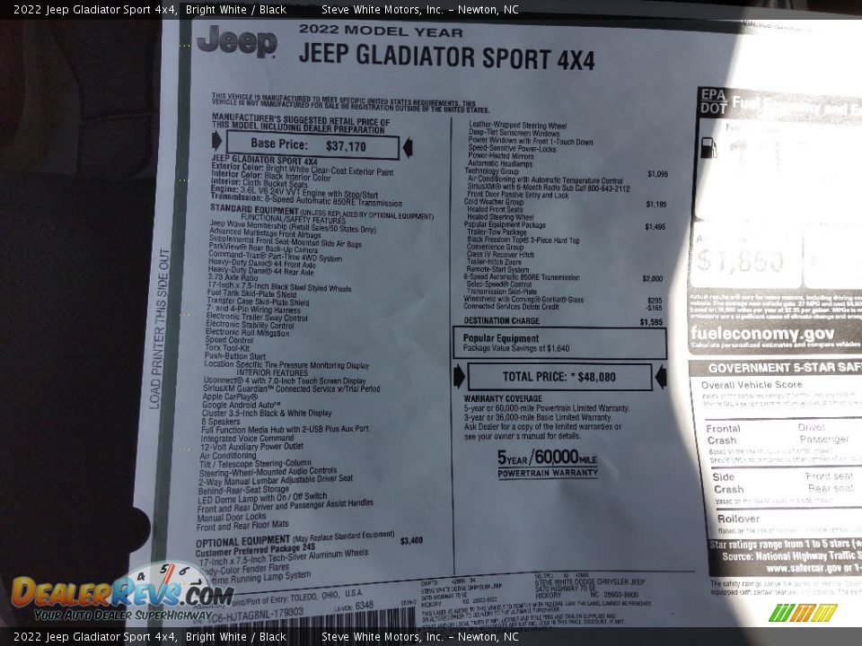 2022 Jeep Gladiator Sport 4x4 Bright White / Black Photo #28