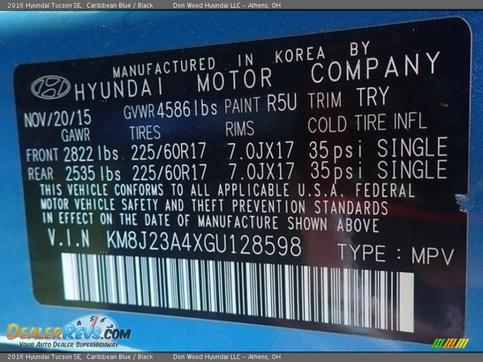 2016 Hyundai Tucson SE Caribbean Blue / Black Photo #14