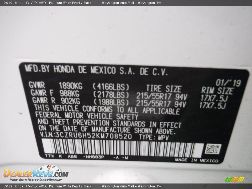 2019 Honda HR-V EX AWD Platinum White Pearl / Black Photo #36