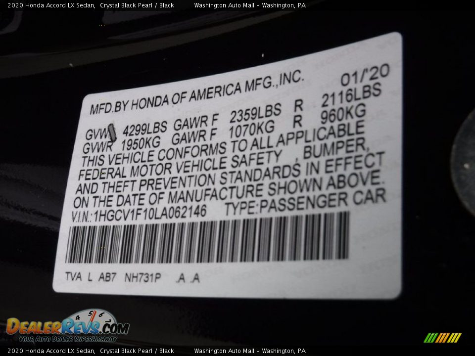 2020 Honda Accord LX Sedan Crystal Black Pearl / Black Photo #31