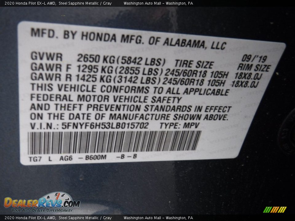 2020 Honda Pilot EX-L AWD Steel Sapphire Metallic / Gray Photo #33