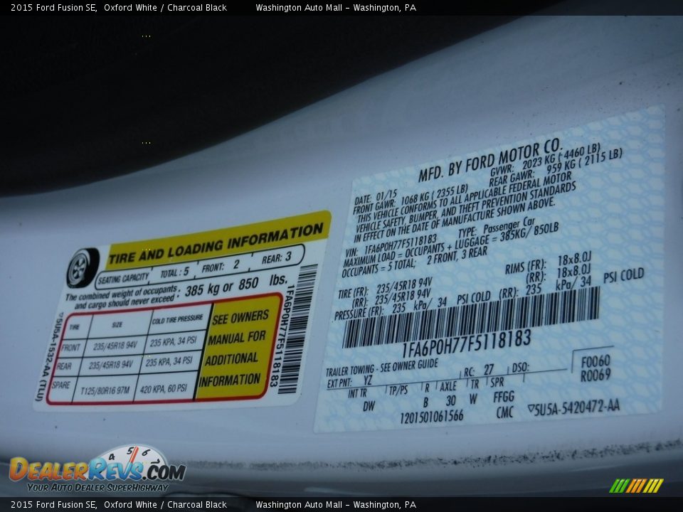 2015 Ford Fusion SE Oxford White / Charcoal Black Photo #26