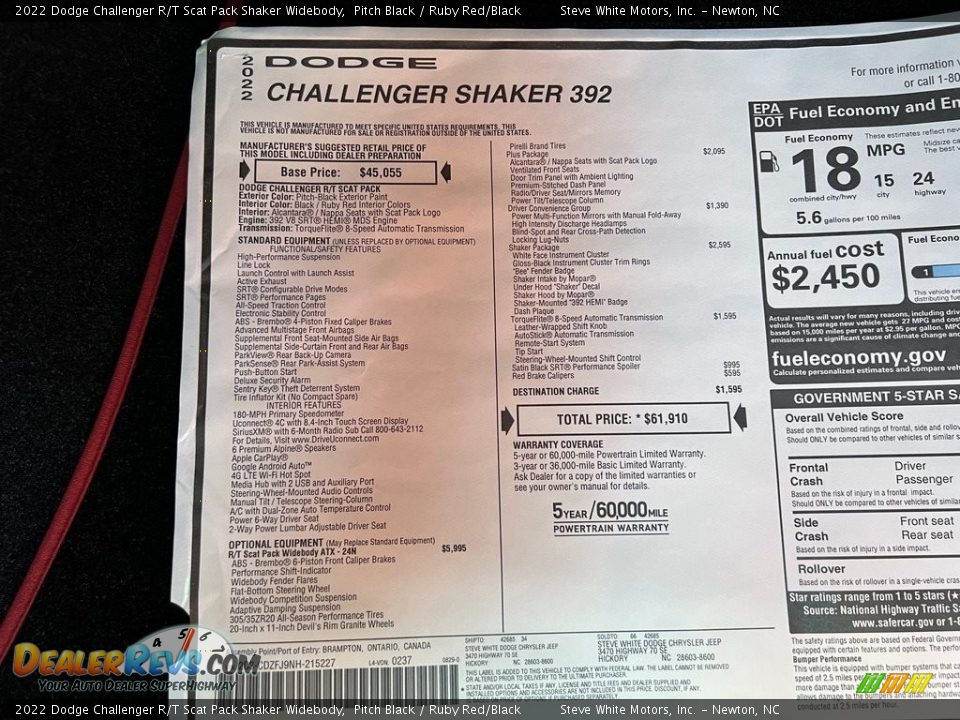 2022 Dodge Challenger R/T Scat Pack Shaker Widebody Window Sticker Photo #25