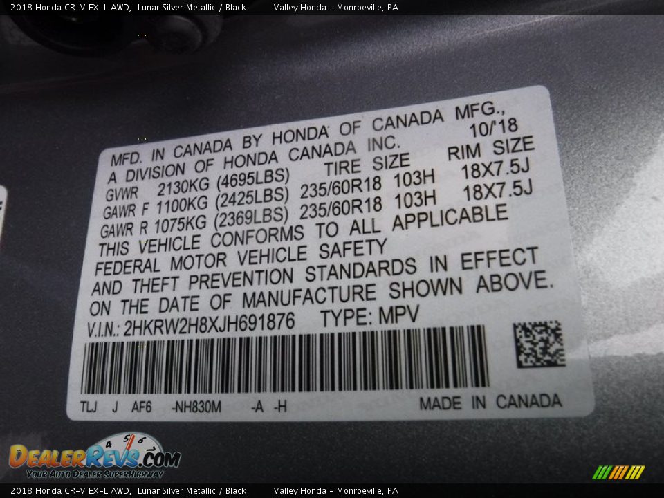 2018 Honda CR-V EX-L AWD Lunar Silver Metallic / Black Photo #29