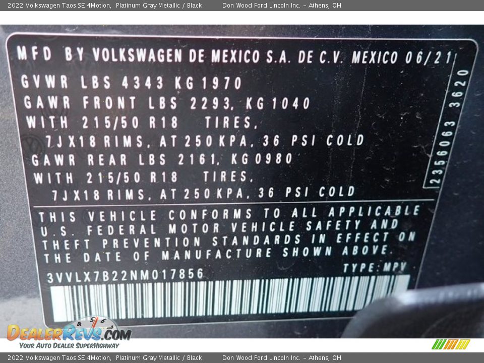 2022 Volkswagen Taos SE 4Motion Platinum Gray Metallic / Black Photo #13