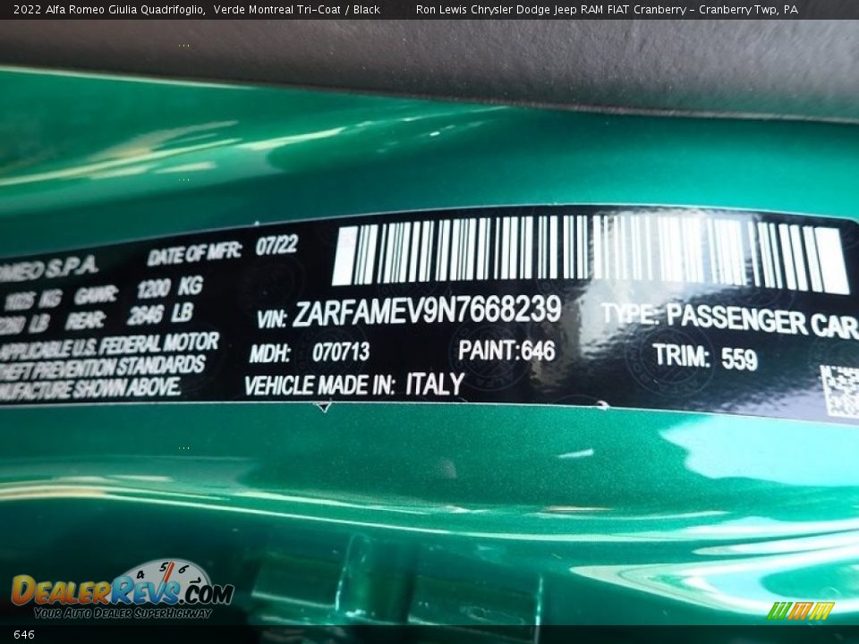 Alfa Romeo Color Code 646 Verde Montreal Tri-Coat