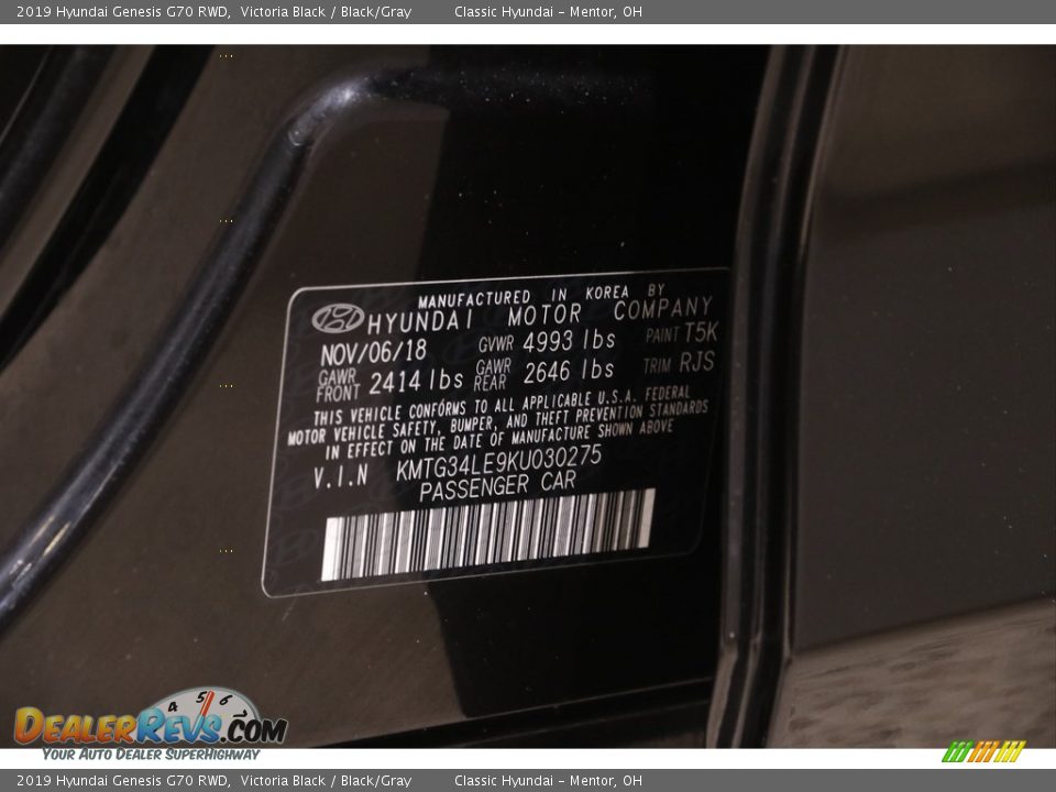 2019 Hyundai Genesis G70 RWD Victoria Black / Black/Gray Photo #23