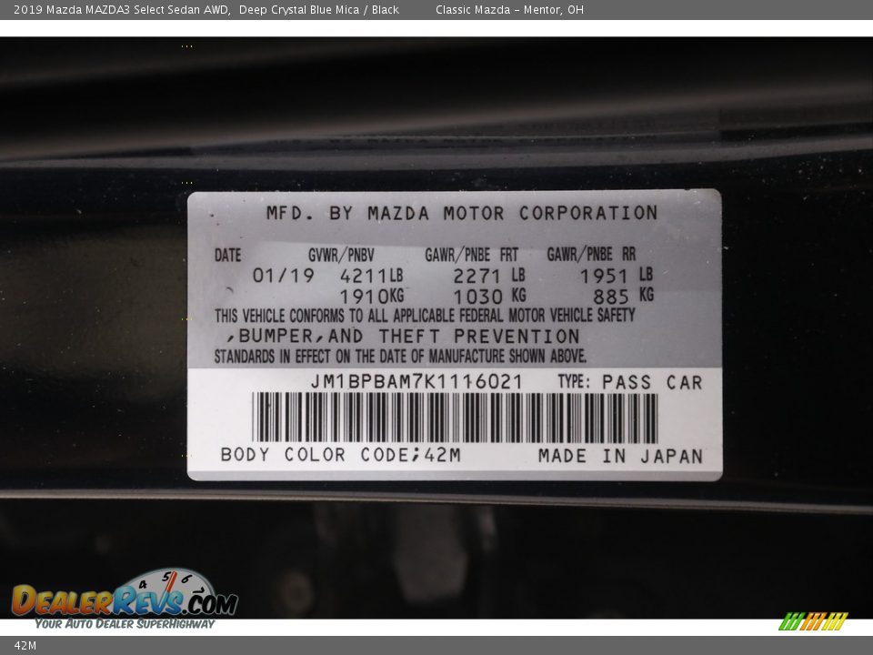Mazda Color Code 42M Deep Crystal Blue Mica