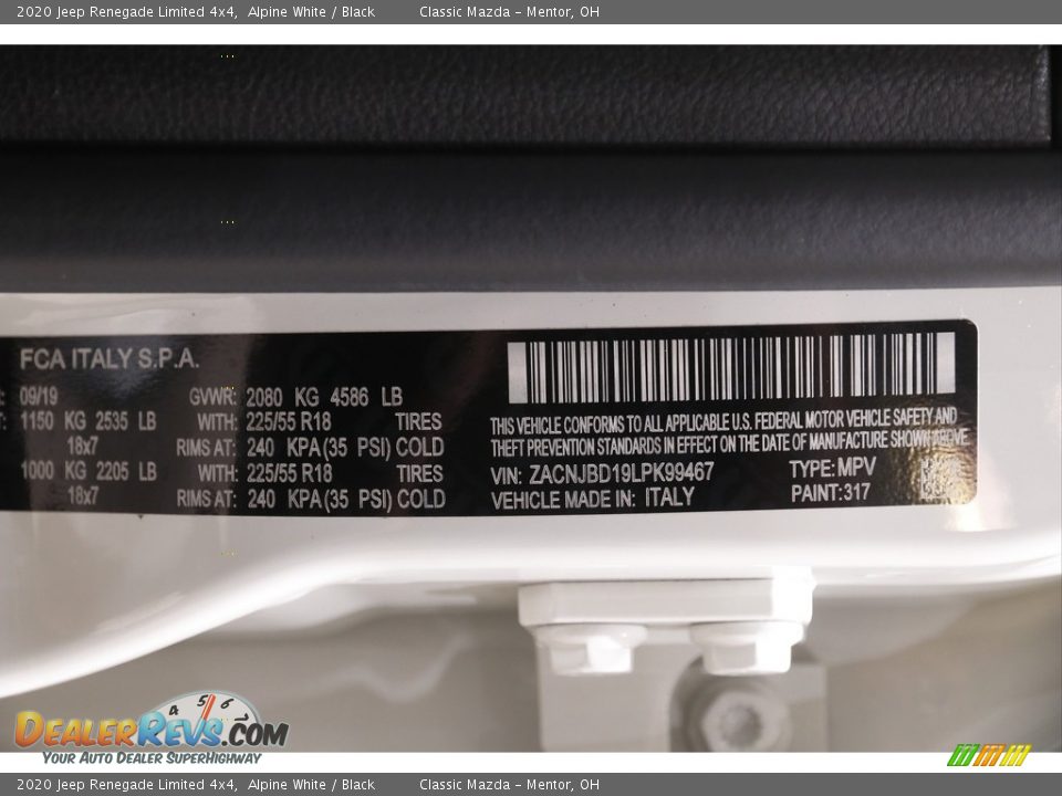 2020 Jeep Renegade Limited 4x4 Alpine White / Black Photo #23