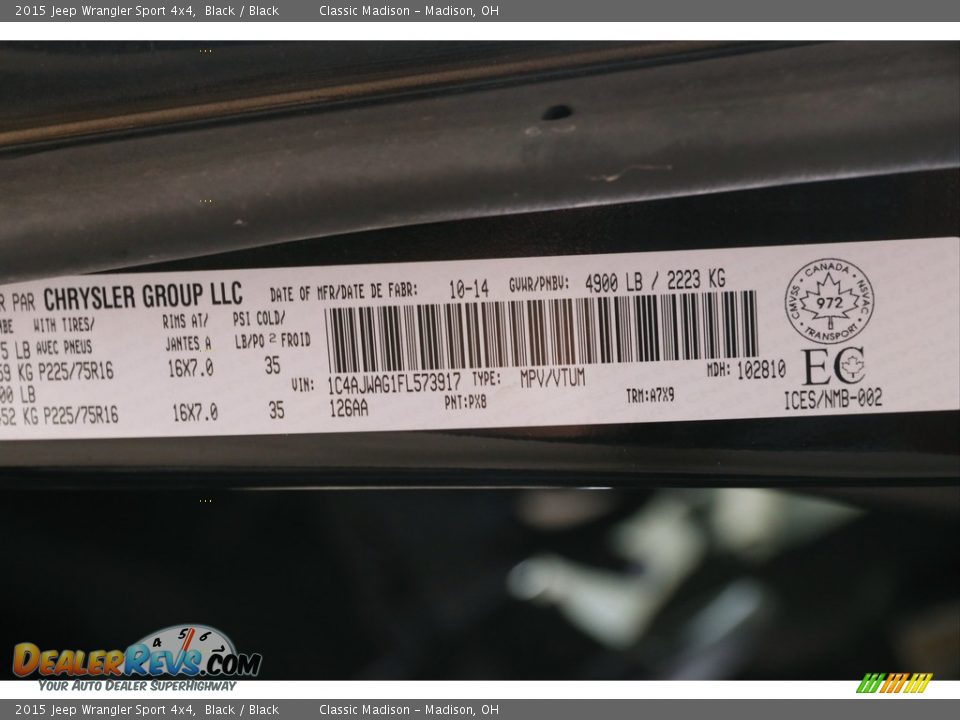 2015 Jeep Wrangler Sport 4x4 Black / Black Photo #18